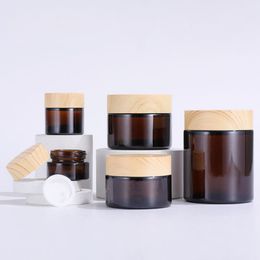 Empty 5g 10g 30g 50g 100g Refillable Glass Cream Bottle Jar With Plastic Wooden Grain Cap
