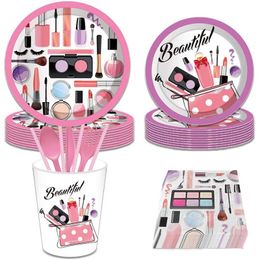 Disposable Dinnerware 8 People Party Spa Make Up Birthday Supplies Makeup Tableware Plates Cup Napkins More For Girls Decoratio