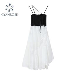 Women Summer Dress Patchwork Color suspender Pleated Ruffle French Elegant Temperament Ladies Spaghetti Strap es 210515