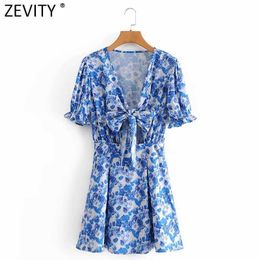 Zevity Women Holiday Wind Blue Floral Print Bowknot Mini Dress Female Chic Puff Sleeve Side Zipper Casual Beach Vestido DS8127 210603