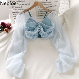 Neploe Summer Sweet Outfits Blusas Womens Gauze V-neck Shirt Sling Crop Tops Korean Fashuin Suit Femme Roupas 2 Piece Set 95318 210422