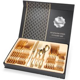 24Pcs/set Gold Cutlery Specular Light Stainless Steel Steak Knife Fork Coffee Spoon Teaspoon Upscale Home Restaurant Cutlery Set 210318