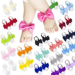 Solid Color Handmade Grosgrain Ribbon Bowknot Infant First Walkers Barefoot Sandals Fashion Baby Girls Accessories Newborn Photography Props