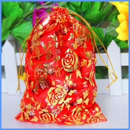 100pcs/lot Fashion Chinese Style Romantic Red Rose Wedding Candy or Jewelry Packaging Organza Bag Christmas Gift Bags
