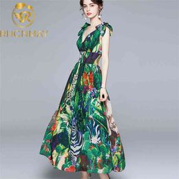 Summer Runway Maxi Dress Women's V-Neck Bow tie Strap elastic Waist Green Jungle Print Holiday Boho Chiffon Long 210506
