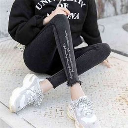 Embroidery Jeans High Elastic Boyfriend Female Washed Denim Skinny Printed Pencil Pants Ripped Streetwear Trousers 210809