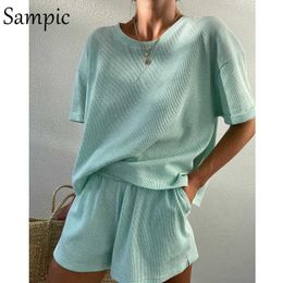 Sampic 2021 Causal Summer Lounge Wear Women Tracksuit Shorts Set Loose Short Sleeve T Shirt Tops And Mini Shorts Two Piece Set Y0702