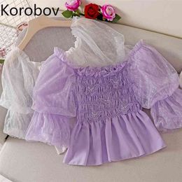 Korobov Korean Solid Vintage Puff Sleeve Women Blouses Summer New Chic Short Sleeve Blusas Mujer Mesh Cartoon Crop Shirts 210430