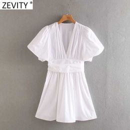 Zevity Women Fashion Lantern Sleeve Casual Slim White Poplin A Line Dress Female V Neck Pleated Chic Kimono Mini Vestidos DS8302 210603