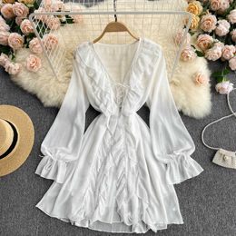 Women White Lace Mini Dress Sexy V-Neck Ruffle Long Sleeve Double Ruffle Sweet A-Line Vestidos Female Elegant Robe Spring Summer Y0603