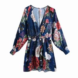 Women Summer Print Vintage Playsuits Bodysuit Jumpsuit Long Sleeve Elastic waist Female V-Neck Satin Overalls Rompers 210513