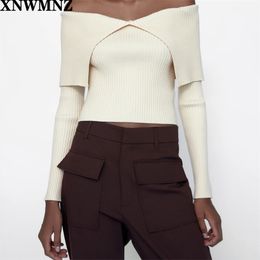 women Fashion fitted knit top Female Chic Top featuring a V-neckline and long sleeves with exposed shoulders 210520
