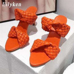 Eilyken Fashion Woman Handmade Weave Knitted Slippers Lady Crossover Open Toe Thin Heels Party Sandals White Black Blue size 42 Y1120