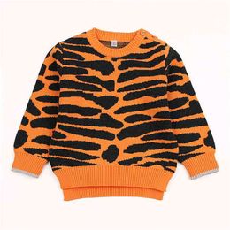 0-3Yrs Boy Girl Autumn Winter Long Sleeve Stripe Knitted Sweater Baby Boys Girls Leopard Print Sweaters For Kids Clothes 210521