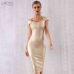 ADYCE New Summer Gold Bandage Dress Women Vestido Sexy Short Sleeve Bodycon Club Dress Midi Celebrity Evening Party Dresses 210323