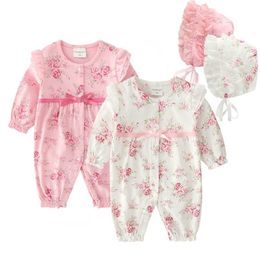 Floral Ribbon born Baby Girl Clothes Ruffles Long Sleeve Princess Jumpsuit Spring Infant Girls Bodysuit+ Hats 211101