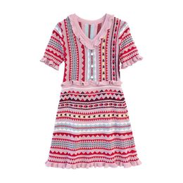Pink Red Geometric Knitted V Neck Short Sleeve Mini Dress Summer Elegant D0718 210514