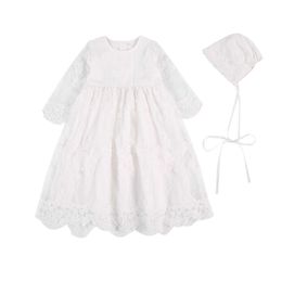Infant Baby Girls Christening Outfit, Baptism Embroidered Lace Long Sleeve Dress Gown with Bonnet 2Pcs Clothes Set Q0716