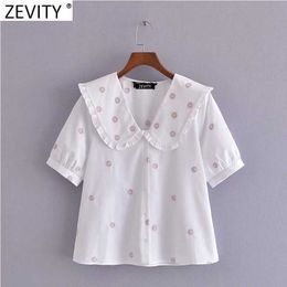 Zevity Women Sweet Floral Embroidery Casual Smock Blouse Female Short Sleeve Pleat Ruffles Shirts Chic White Chemise Tops LS9258 210603