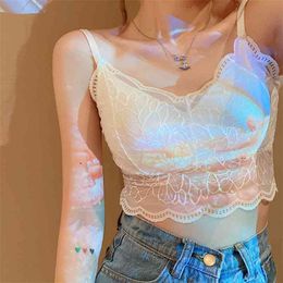 Spaghetti Strap V Neck Sexy Crop Top Women Y2K Lace Patchwork Summer s Camis Fashion Girls Tank Basic Clothes 210529