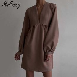 Msfancy Summer Black Mini Dress Women Elegant Deep V-neck Tunic Vestido De Mujer Korean Fashion Lantern Sleeve Robe 210604