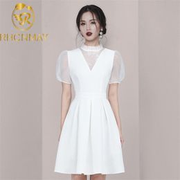 Arrvials Office Lady Stand Neck Chiffon Puff Short Sleeves Mesh Lace Patchwork Women Party Mini Dress White 210506