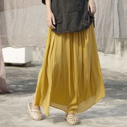 Johnature Pleated Skirts Women Cloths Summer Elastic Waist Yellow Loose Vintage Women Skirts 210521