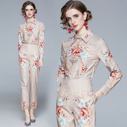 Elegant Print Female Suit Shirt + Pocket Straight Pant Suit Two Piece Set Women Long Sleeve Flower Print Blouse Top Trouser Suit 210514