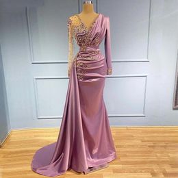 Lavender Mermaid Evening Dresses 2022 Sheer V Neck Appliqued Beaded Long Sleeve Formal Prom Party Second Reception Gowns