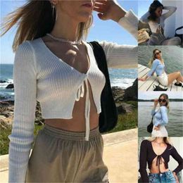 Women Sexy Cardigan Chest Bow Casual Solid Colour V-Neck Drawstring Long Sleeve T-shirt Tops Exposed Navel Slim Fit S M L 210607