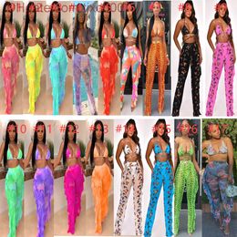 Women Two Piece Bikini Mesh Beach Set Tie Dye Swimwear Sexy V Neck Backless 2 Piece Wear Bandage Wholesale Pleated Pants 2021