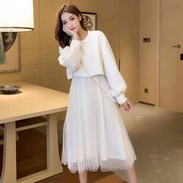 Spring Female O-neck Lantern Sleeve Knit Blouses + Strap Fairy Mesh A-line Dress With Bag Two-piece Sets Women Suits 210515