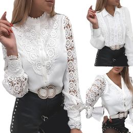 Design Women Sexy Lace Patchwork Hollow Out Shirt Long Sleeve Crew Neck Button Mesh Design Blouse Spring Fashion White Vintage S