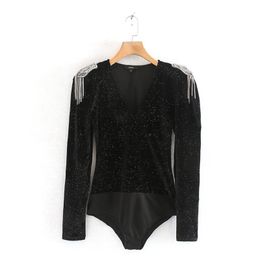 Kadınlar Seksi Derin V Boyun Parlak Kadife Bodysuit Gömlek Kadınlar Chic Epaulette Siyam Bluz Femininas Playsuits Blusas Tops LD6098 210420