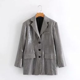 Women Elegant Houndstooth Sequins Decoration Long Sleeve Single-Breasted Slim Cheque Coat Office Work Lattice Suit Jacket 210520