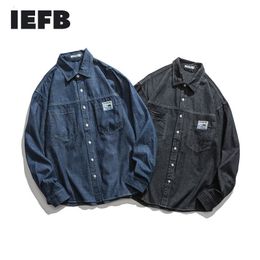 IEFB Men's Causal Simple Solid Colour Label Denim Shirt Fashion Spring Black Blue Jeans Blouse For Male 9Y6070 210524