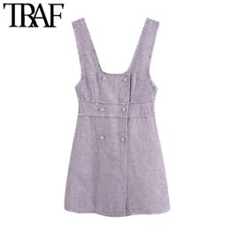 Women Sweet Fashion Double Breasted Tweed Mini Dress Vintage Frayed Trim Wide Straps Female Dresses Vestidos Mujer 210507