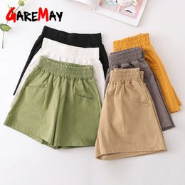 Women Cotton Shorts Wide Leg Elastic Waist Female Khaki High White Summer Soft with Pockets 210428