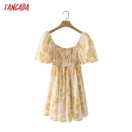 Tangada Summer Women Yellow Leaves Print French Style Dress Off Shoulder Puff Short Sleeve Ladies Sundress 4T35 210609
