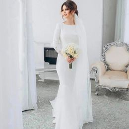 Princess Satin Boho Mermaid Wedding Dress With Long Sleeve White Backless Lace Bohemain Beach Bridal Gowns Civil Robe De Mariée