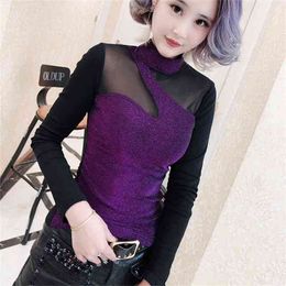 Autumn Bling Shiny T-shirt Women Sexy Mesh Patchwork Transparent Slim Stretchy Shirt Tops Long Sleeve S-3XL T98496 210421