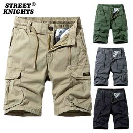 Summer Solid Colour Fashion Cotton Casual Breeches Cargo Men Shorts Breathable Quick Dry Multi Pocket Hip Hop 210629