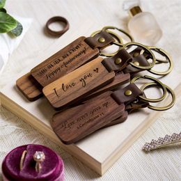 Personalized Leather Keychain Pendant Walnut Carving Keychains Luggage Decoration Key Ring DIY Gift