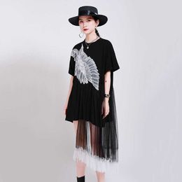 Fashion Temperament Patchwork Dresses for Women Angle Feather Loose Casual Fit Mesh Fashion Vestido Feminino 210525