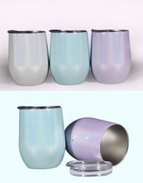 newFedex 12oz Rainbow Wine Tumbler Egg Shaped Stemless Tumbler Double Wall Stainless Steel Tumbler 12 OZ Wine Glass Portable with lids CCD86