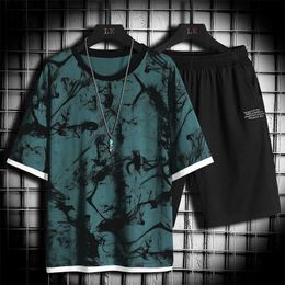 2021 Summer New Mens Casual Set Fashion 2 PCS Sportswear Suit Short Sleeve T-shirt Shorts Sets Male Sportswear Tracksuit Men 4XL Y0831