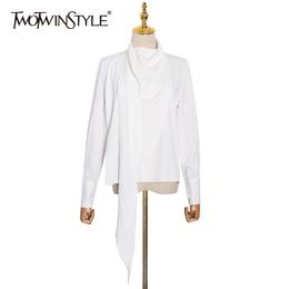 TWOTWINSTYLE White Ruched Solid Shirt For Female Stand Collar Long Sleeve Minimalist Blouse Women Fashion Clothing 210517
