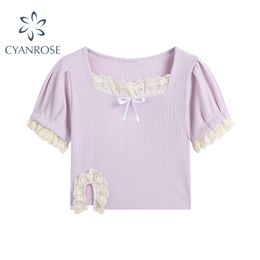 Square Collar Short Sleeve Crop Tops Women Summer Korean Sweet Style Patchwork Lace Slim Lady Purple Knitted Pullovers 210515