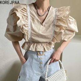 Korejpaa Women Shirt Summer Korean Chic Style Thin V-Neck Heavy Lace Ruffled Ruffle Stitching Puff Sleeve Blouses 210526