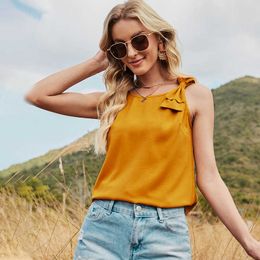Summer Sweet Bow Women Top Casual Ginger Sling Short Top Solid Sleeveless Loose O-neck Womens Top 210712